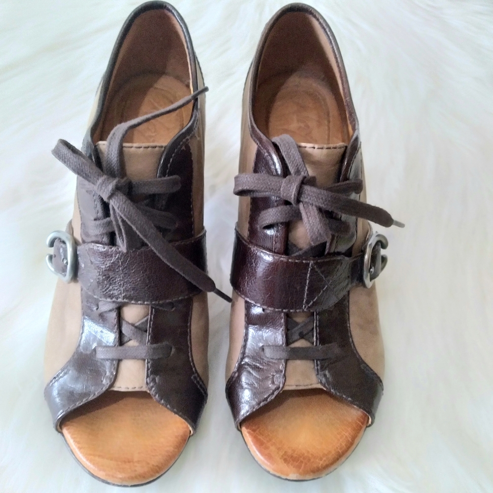 Anthropologie Naya Kasha Brown Leather Buckle Peep Toe High Heel Booties Sz 7.5M - Picture 12 of 15